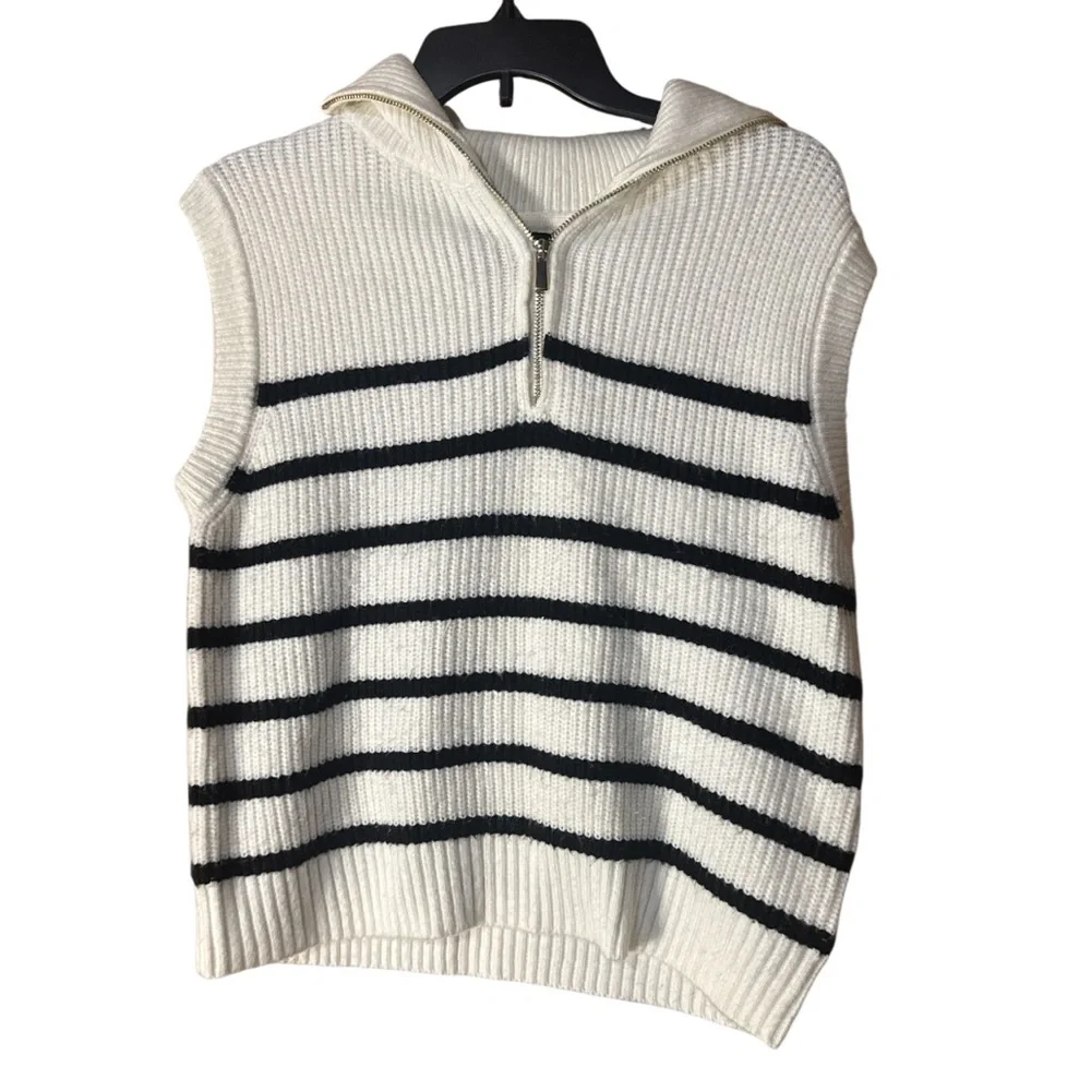 Cynthia Rowley Knit Sleeveless Half-Zip Sweater Boxy Black Stripes - Size M - Picture 6 of 6